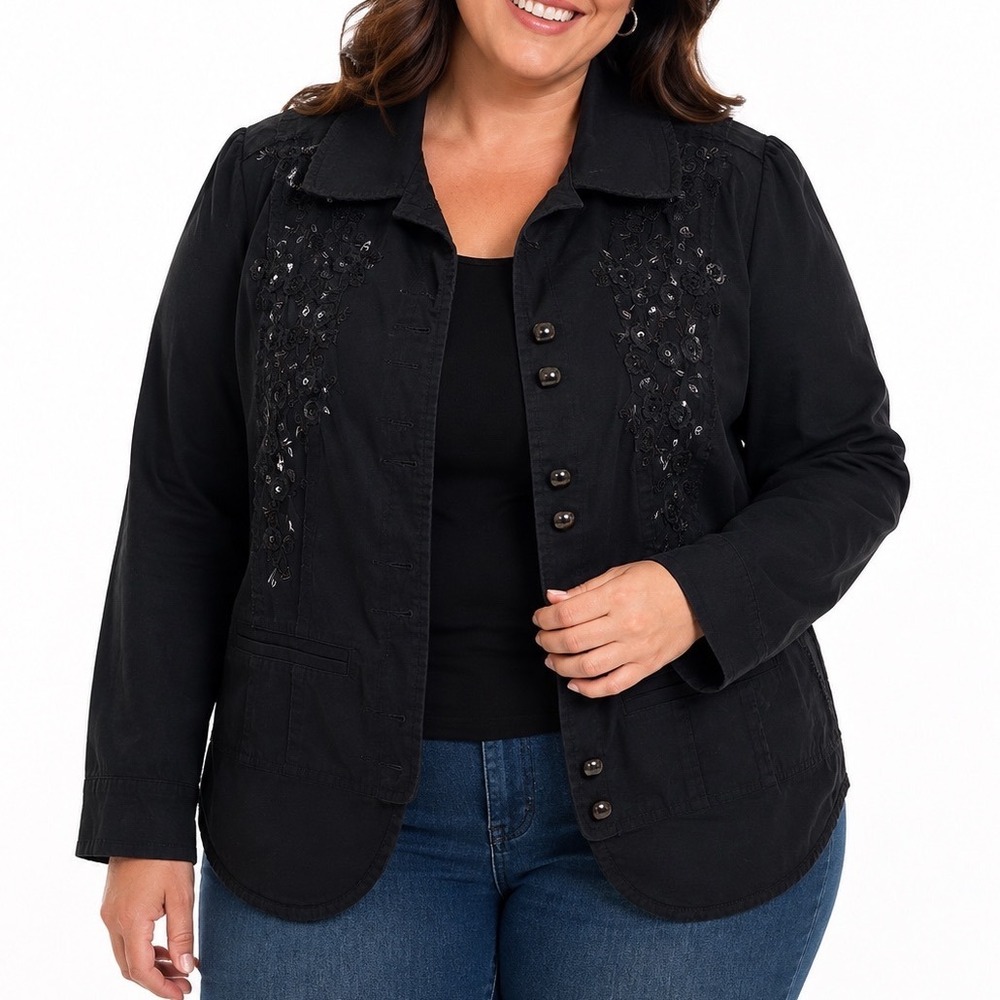 Venezia Black Embroidered Sequin Button Front Jacket Plus Size 18/20 Stretch
